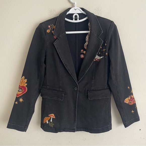 Driftwood Hallucinations Embroidered Denim Blazer Jacket Black M Moon Snake - Picture 2 of 6